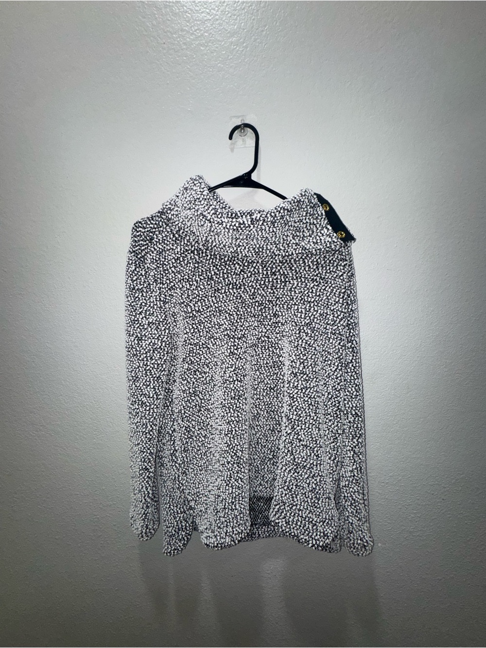 Calvin Klein Black and White Marled Button-Shoulder Turtleneck Sweater